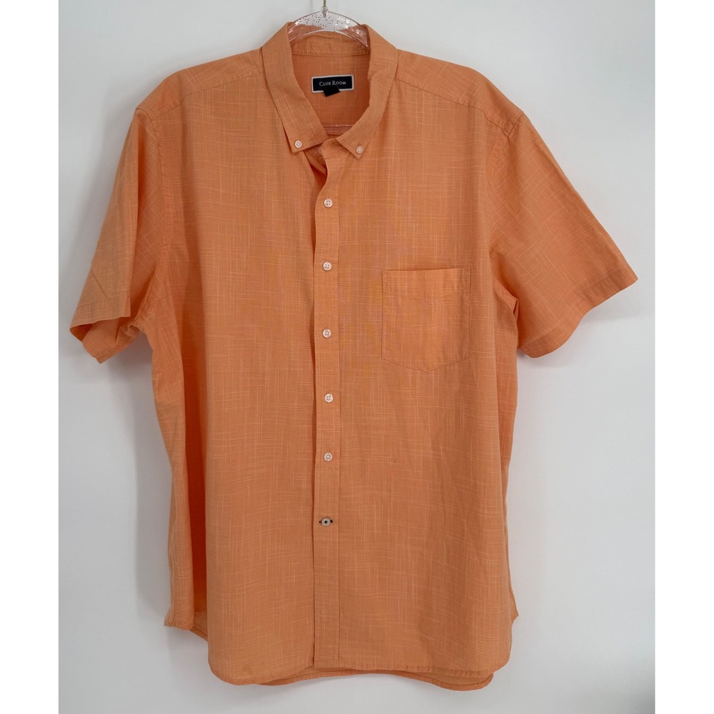 Club Room Mens Sz XXL Short Sleeve Button Down Shirt Orange Textured Crosshatch